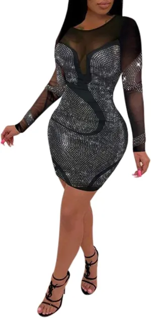 PORRCEY Women's Sexy Elegant Rhinestone Long Sleeve Mesh See Through Birthday Party Club Night Mini Dress