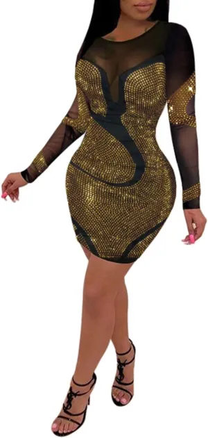 PORRCEY Women's Sexy Elegant Rhinestone Long Sleeve Mesh See Through Birthday Party Club Night Mini Dress