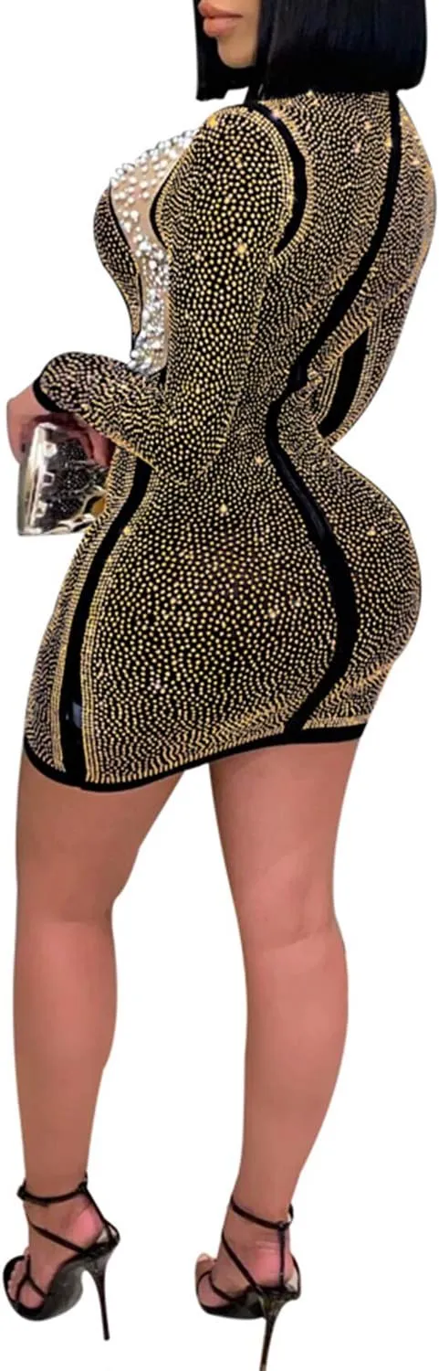 PORRCEY Women's Sexy Elegant Rhinestone Long Sleeve Mesh See Through Birthday Party Club Night Mini Dress