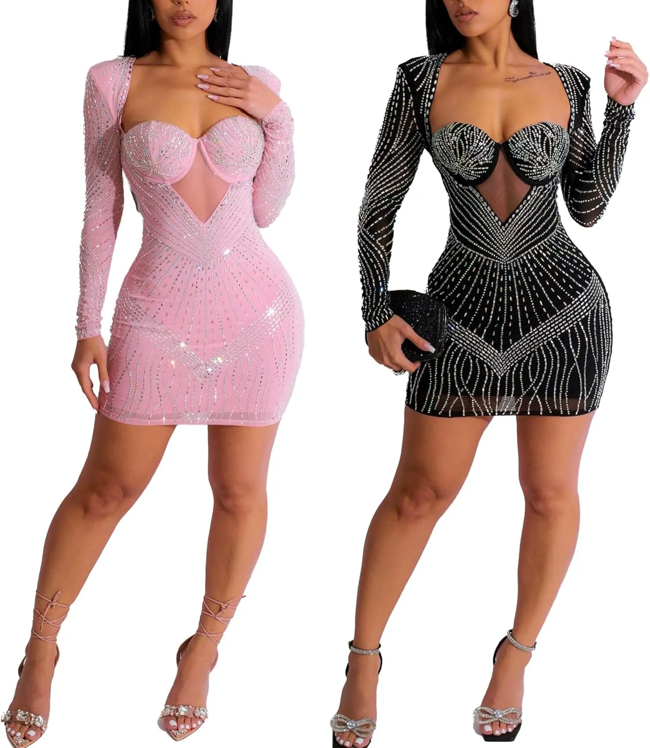 PORRCEY Women's Sexy Elegant Rhinestone Long Sleeve Mesh See Through Birthday Party Club Night Mini Dress
