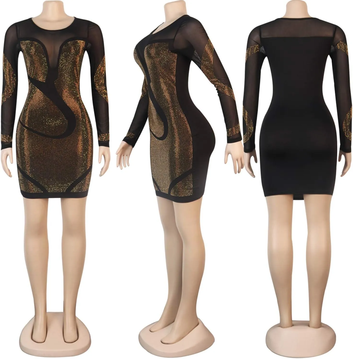PORRCEY Women's Sexy Elegant Rhinestone Long Sleeve Mesh See Through Birthday Party Club Night Mini Dress