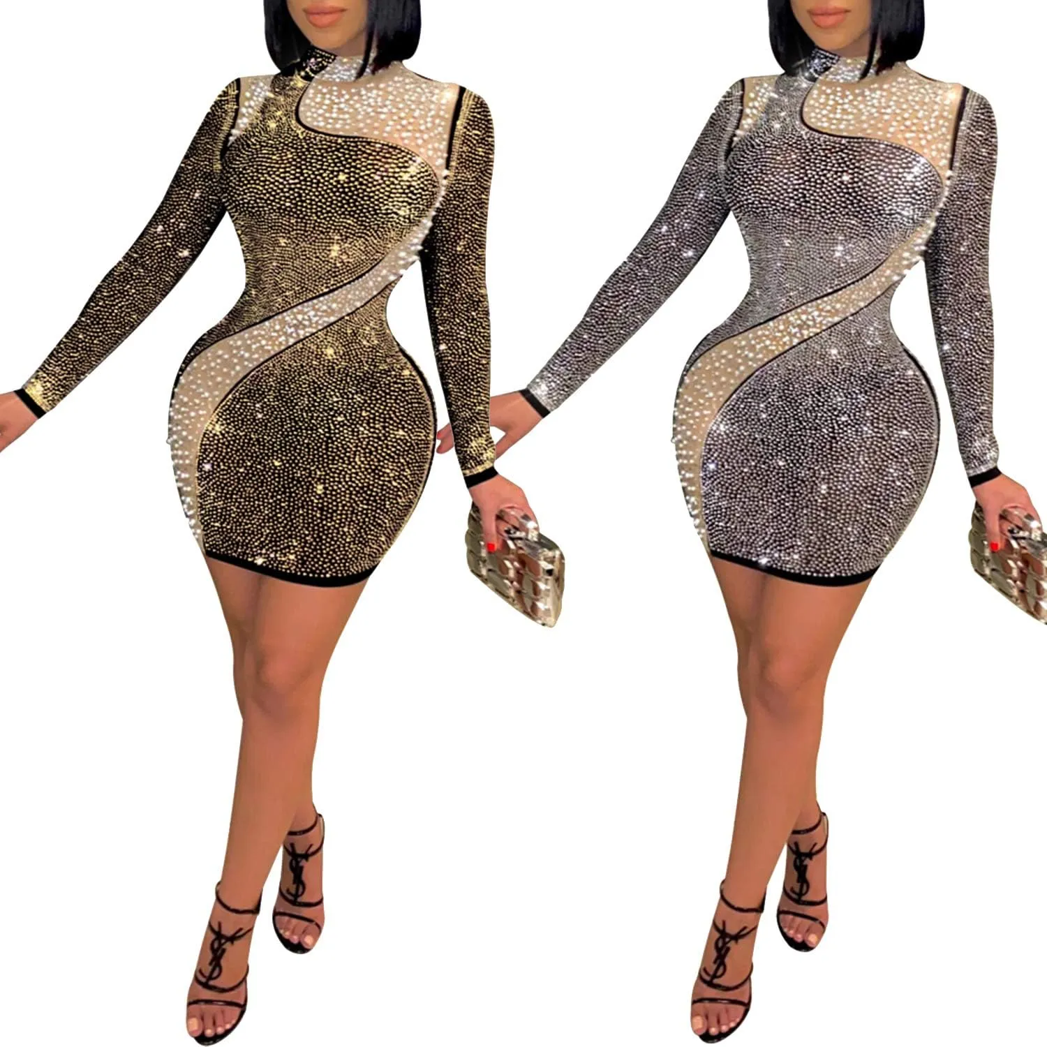PORRCEY Women's Sexy Elegant Rhinestone Long Sleeve Mesh See Through Birthday Party Club Night Mini Dress