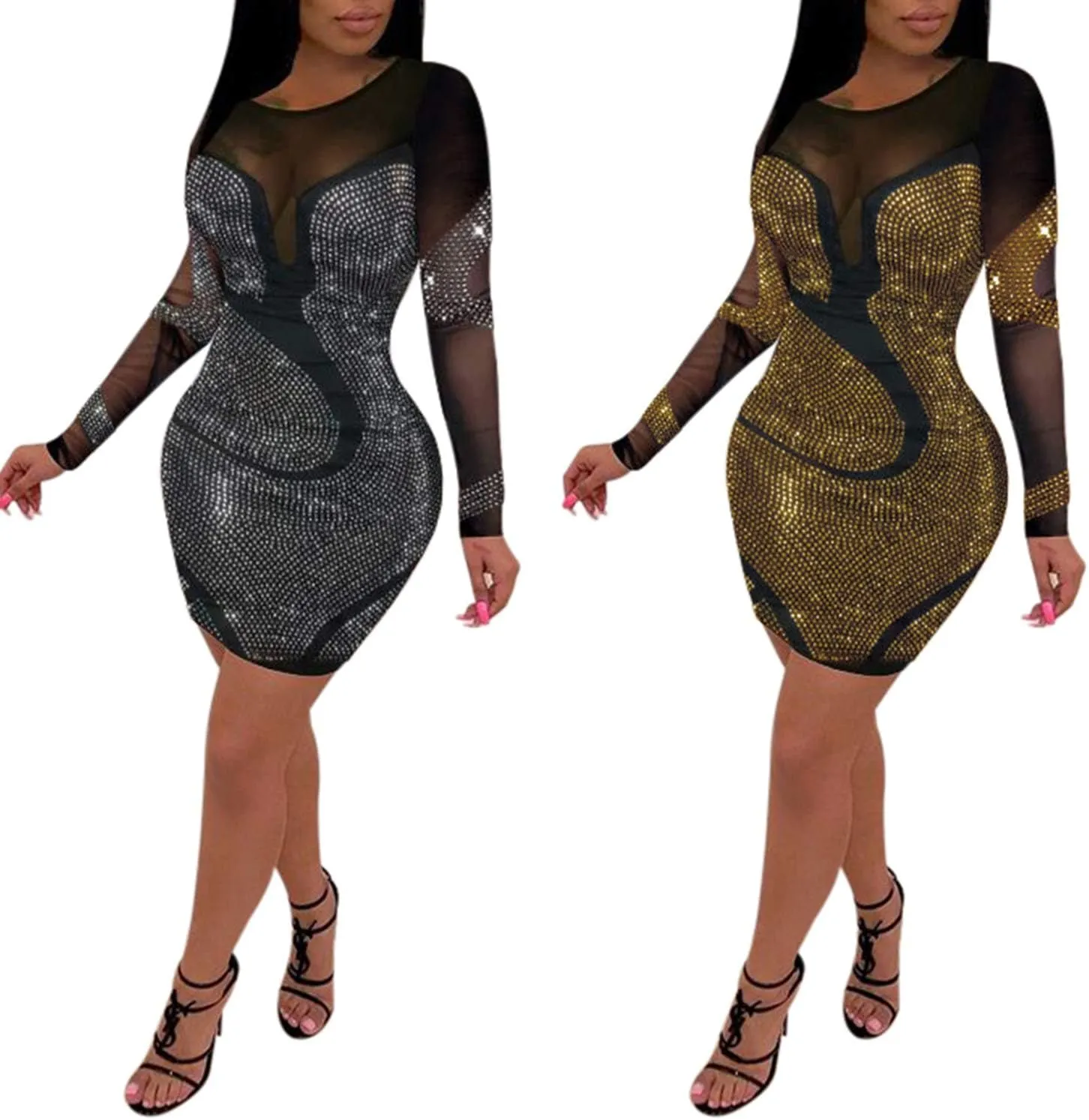 PORRCEY Women's Sexy Elegant Rhinestone Long Sleeve Mesh See Through Birthday Party Club Night Mini Dress