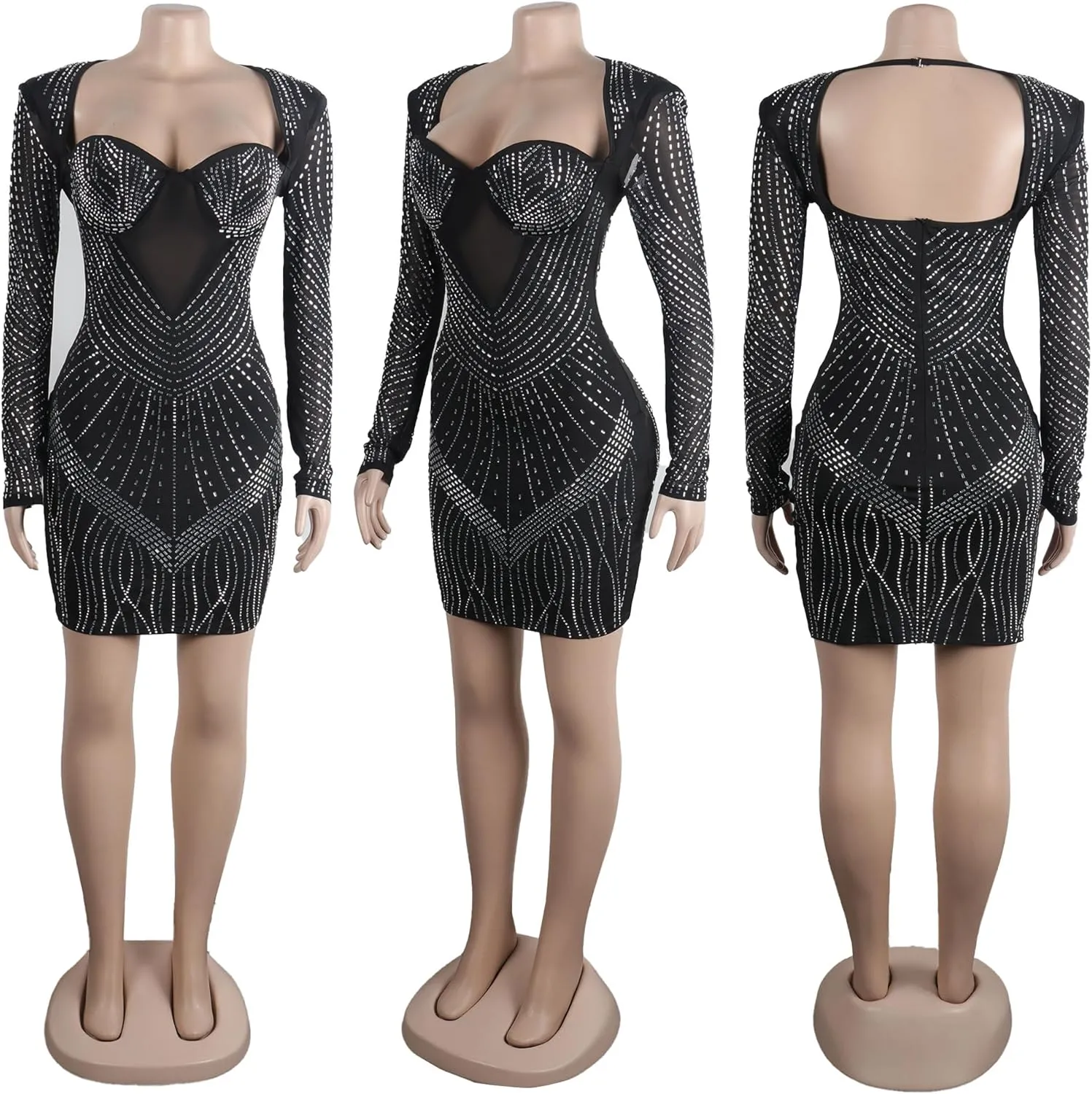 PORRCEY Women's Sexy Elegant Rhinestone Long Sleeve Mesh See Through Birthday Party Club Night Mini Dress
