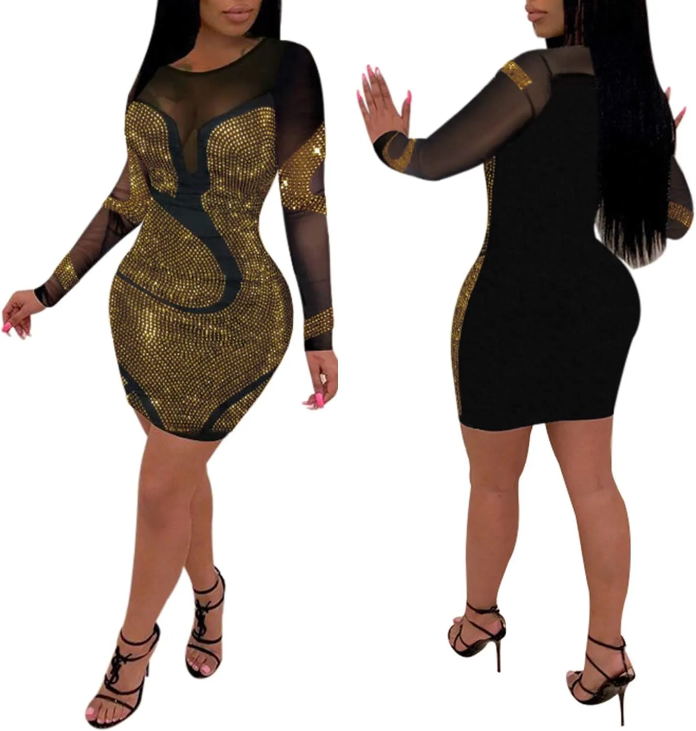 PORRCEY Women's Sexy Elegant Rhinestone Long Sleeve Mesh See Through Birthday Party Club Night Mini Dress
