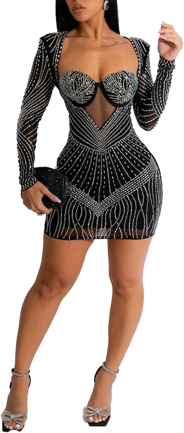 PORRCEY Women's Sexy Elegant Rhinestone Long Sleeve Mesh See Through Birthday Party Club Night Mini Dress