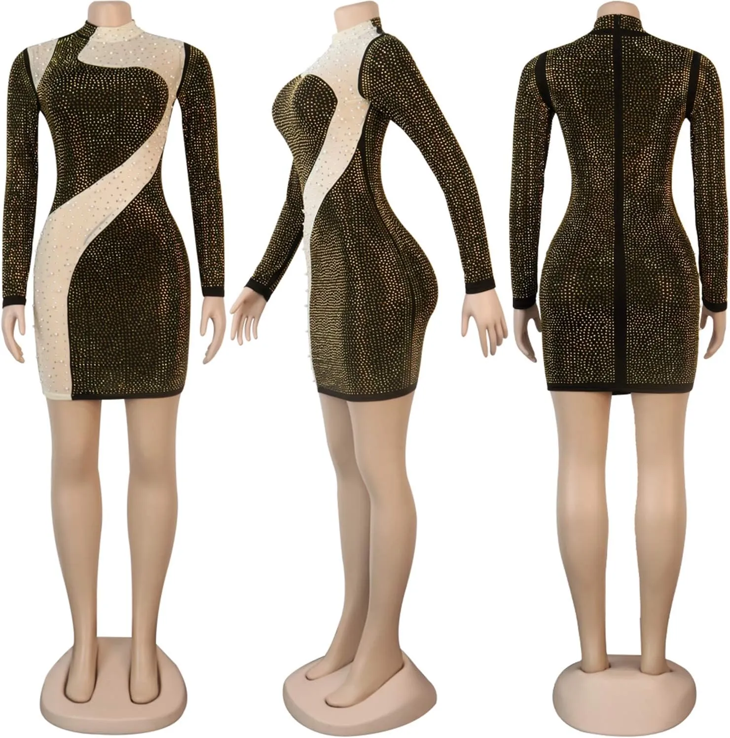 PORRCEY Women's Sexy Elegant Rhinestone Long Sleeve Mesh See Through Birthday Party Club Night Mini Dress