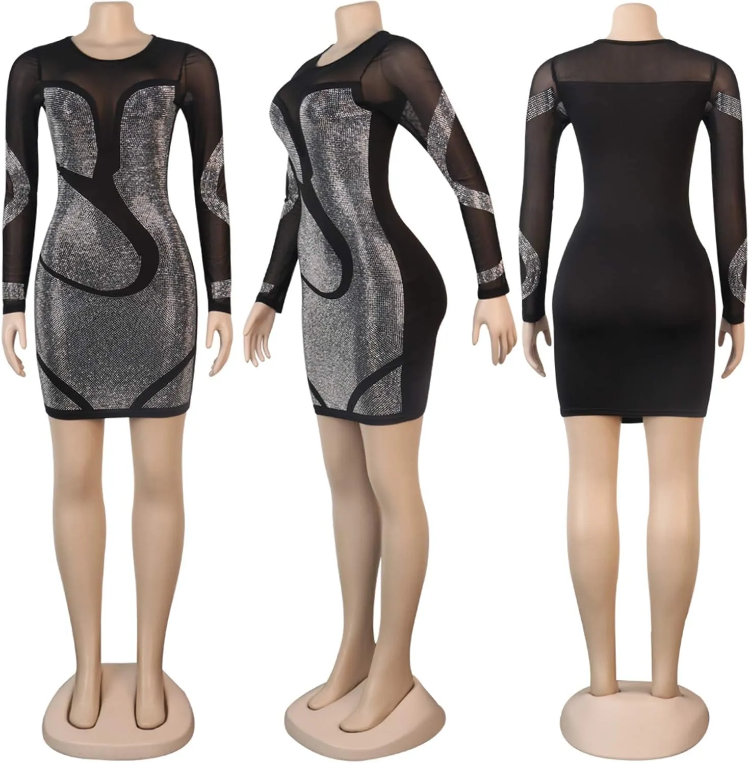 PORRCEY Women's Sexy Elegant Rhinestone Long Sleeve Mesh See Through Birthday Party Club Night Mini Dress