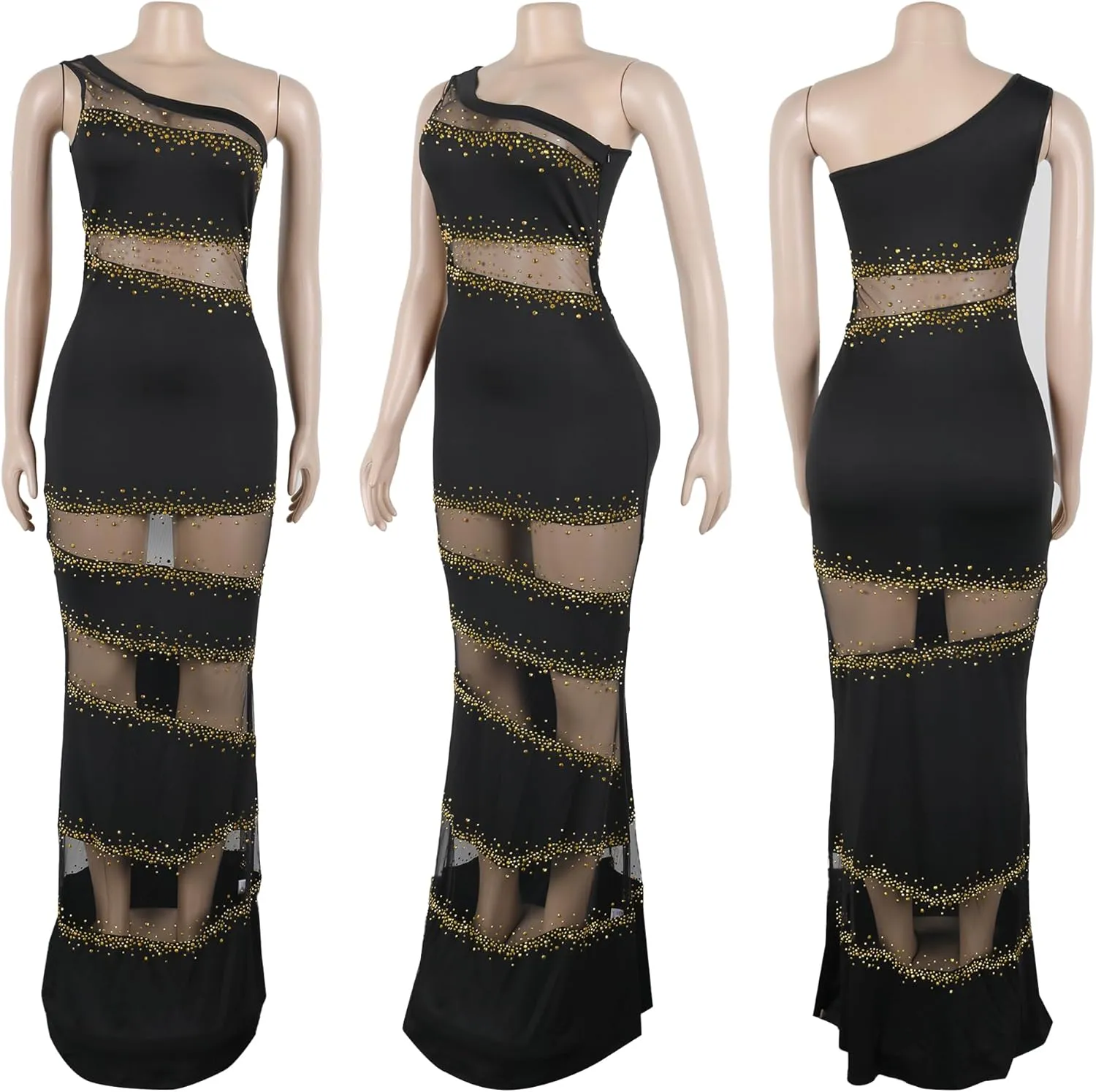 PORRCEY Women's Sexy Elegant Rhinestone Mesh See Through Bodycon Party Club Night Prom Dress