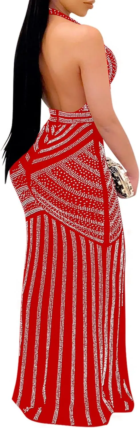 PORRCEY Women's Sexy Elegant Rhinestone Mesh See Through Bodycon Party Club Night Prom Dress