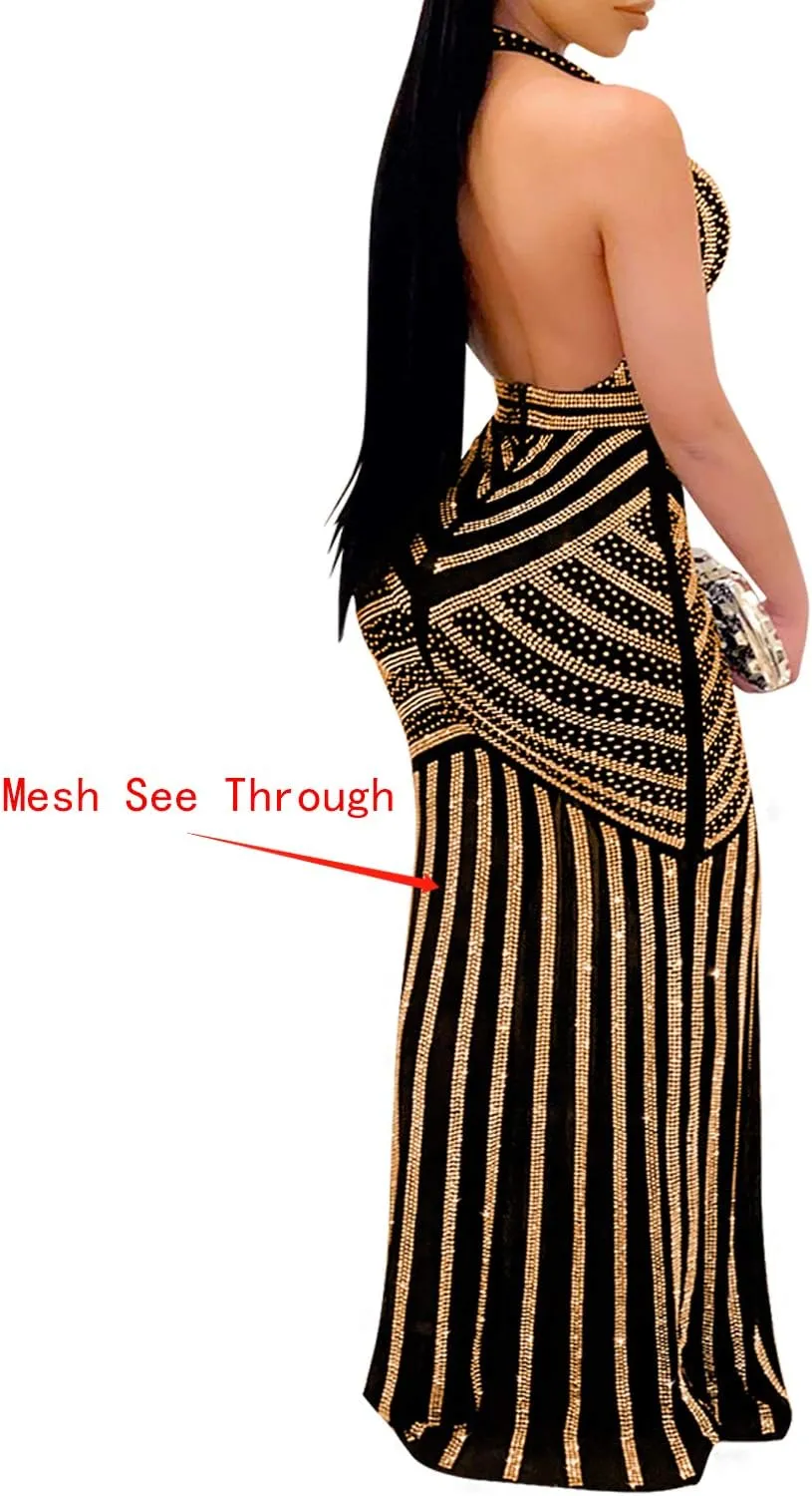 PORRCEY Women's Sexy Elegant Rhinestone Mesh See Through Bodycon Party Club Night Prom Dress