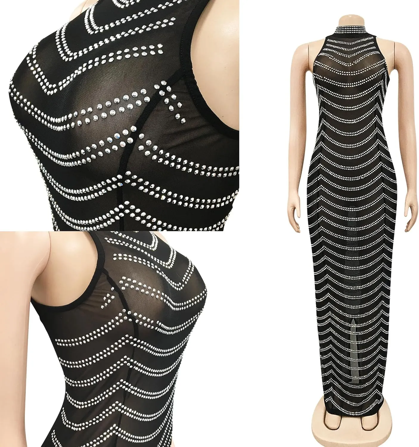 PORRCEY Women's Sexy Elegant Rhinestone Mesh See Through Bodycon Party Club Night Prom Dress