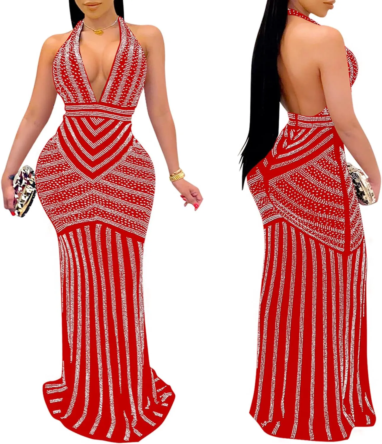 PORRCEY Women's Sexy Elegant Rhinestone Mesh See Through Bodycon Party Club Night Prom Dress