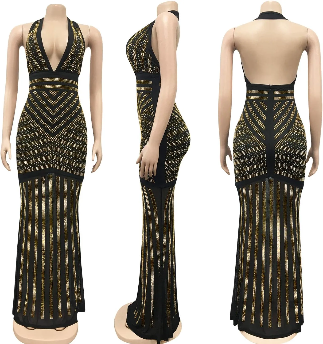 PORRCEY Women's Sexy Elegant Rhinestone Mesh See Through Bodycon Party Club Night Prom Dress