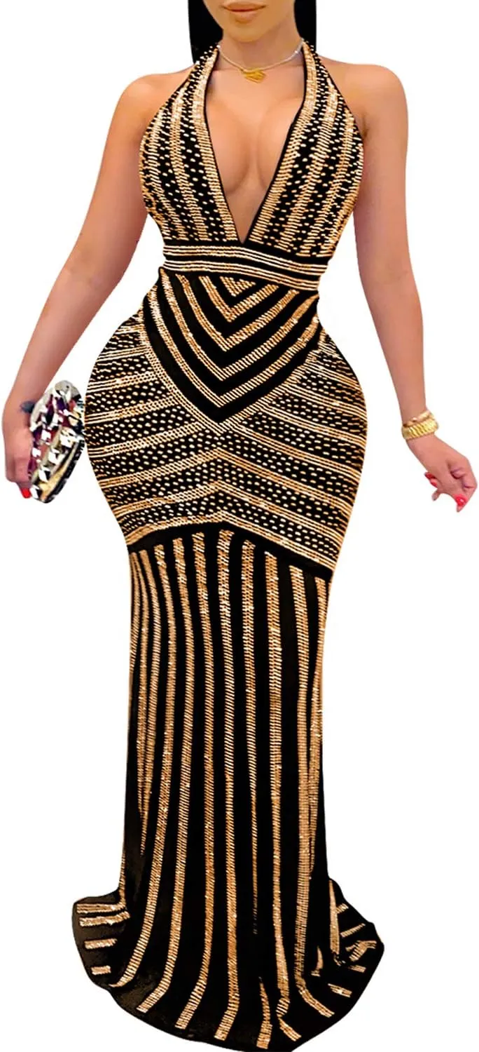 PORRCEY Women's Sexy Elegant Rhinestone Mesh See Through Bodycon Party Club Night Prom Dress