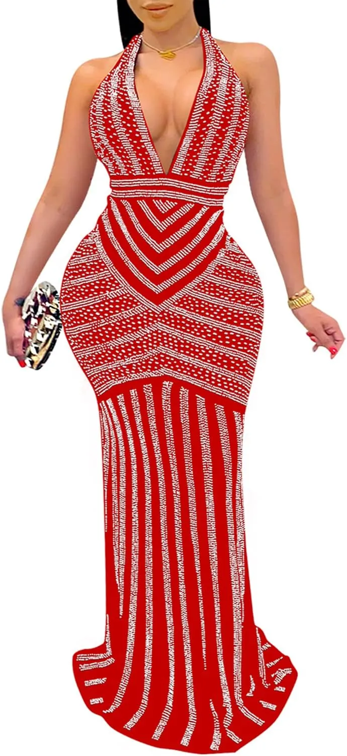 PORRCEY Women's Sexy Elegant Rhinestone Mesh See Through Bodycon Party Club Night Prom Dress