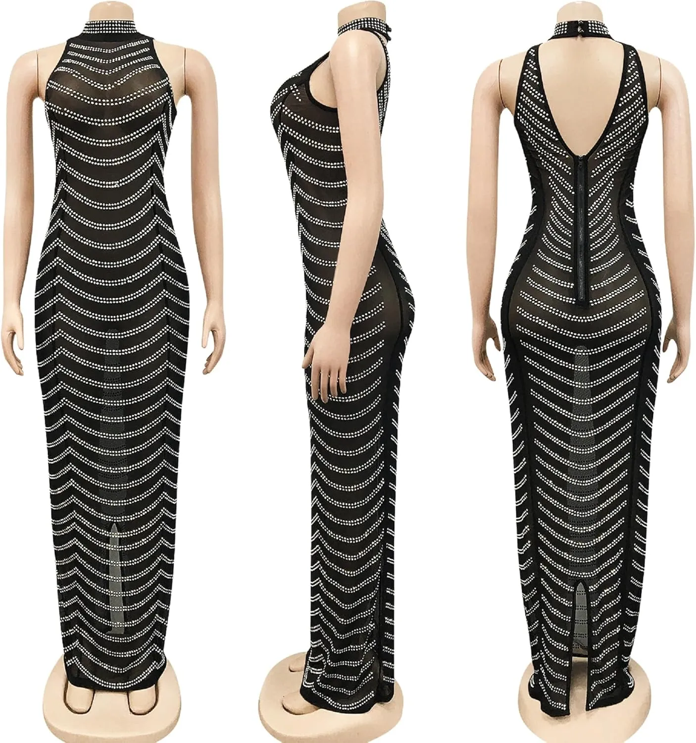 PORRCEY Women's Sexy Elegant Rhinestone Mesh See Through Bodycon Party Club Night Prom Dress