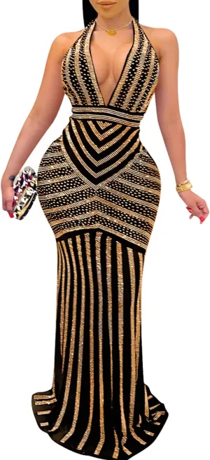 PORRCEY Women's Sexy Elegant Rhinestone Mesh See Through Bodycon Party Club Night Prom Dress