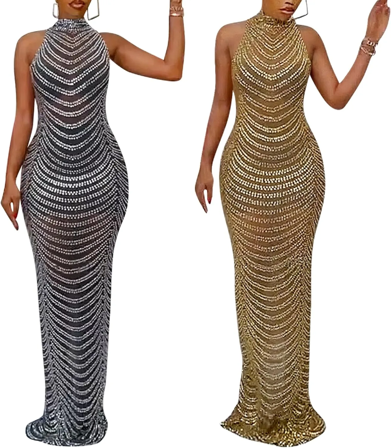 PORRCEY Women's Sexy Elegant Rhinestone Mesh See Through Bodycon Party Club Night Prom Dress