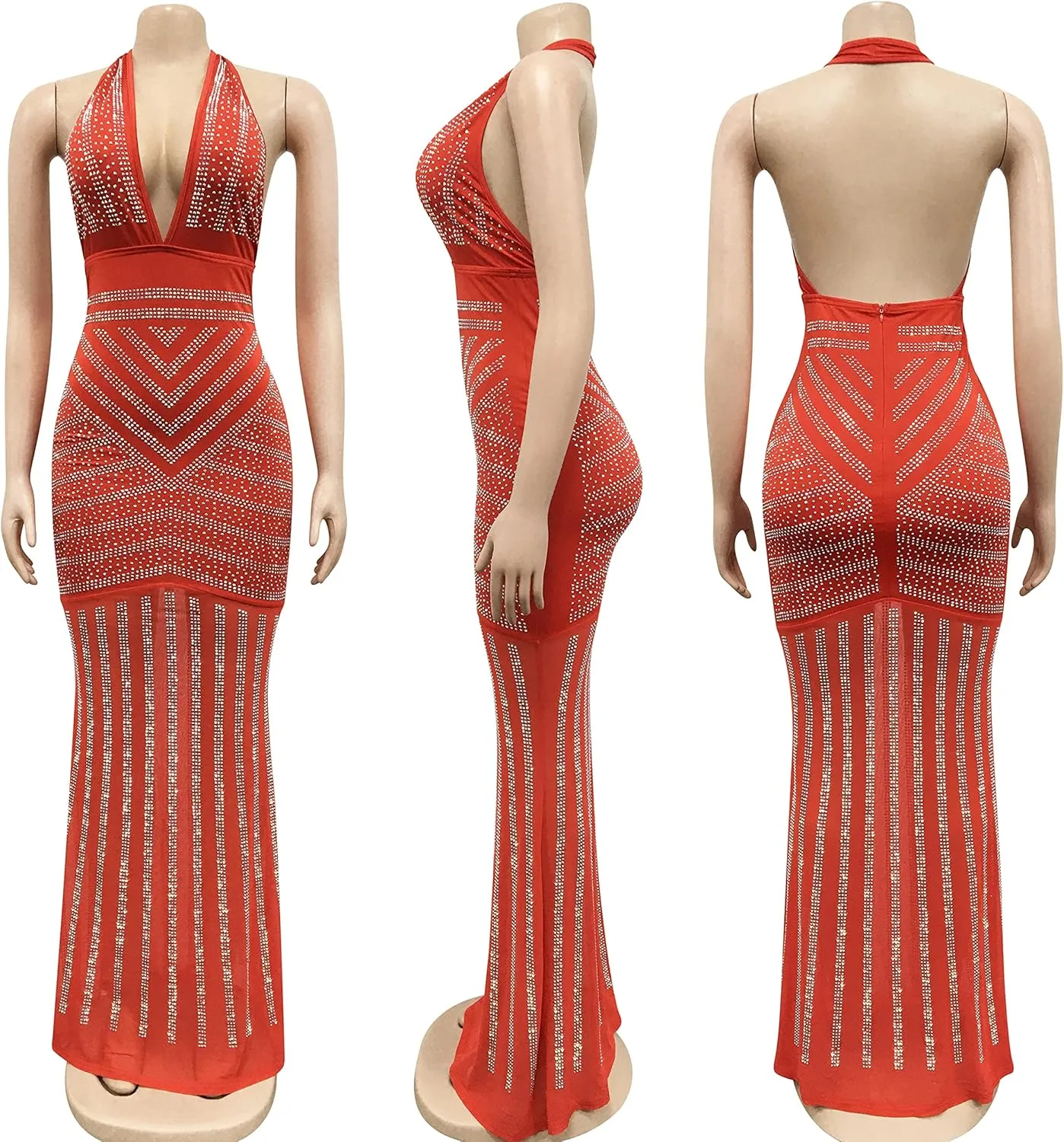 PORRCEY Women's Sexy Elegant Rhinestone Mesh See Through Bodycon Party Club Night Prom Dress