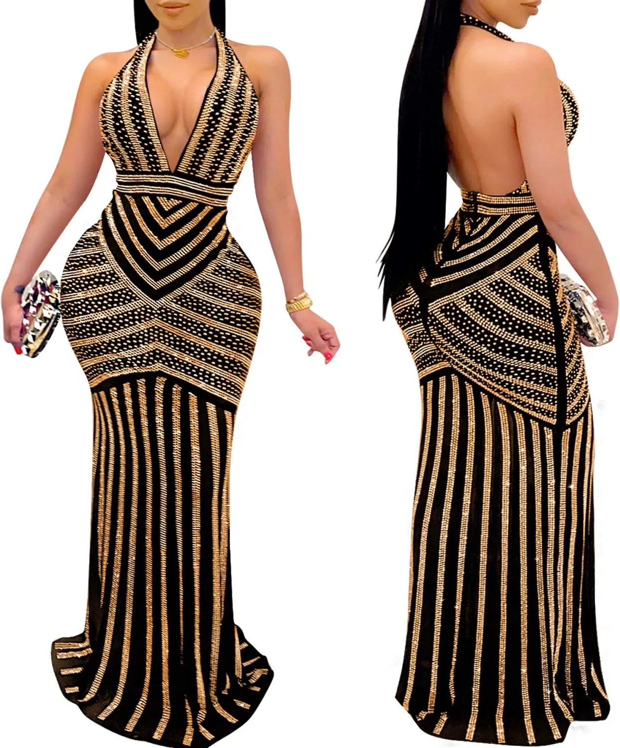 PORRCEY Women's Sexy Elegant Rhinestone Mesh See Through Bodycon Party Club Night Prom Dress