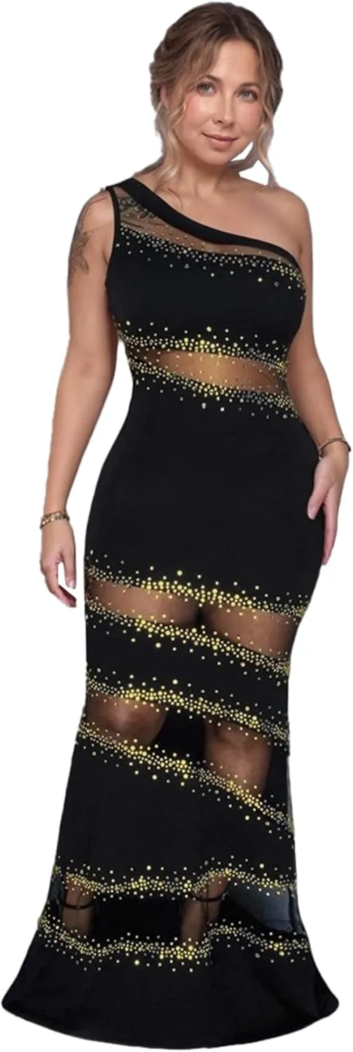 PORRCEY Women's Sexy Elegant Rhinestone Mesh See Through Bodycon Party Club Night Prom Dress