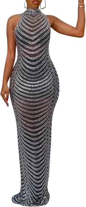 PORRCEY Women's Sexy Elegant Rhinestone Mesh See Through Bodycon Party Club Night Prom Dress
