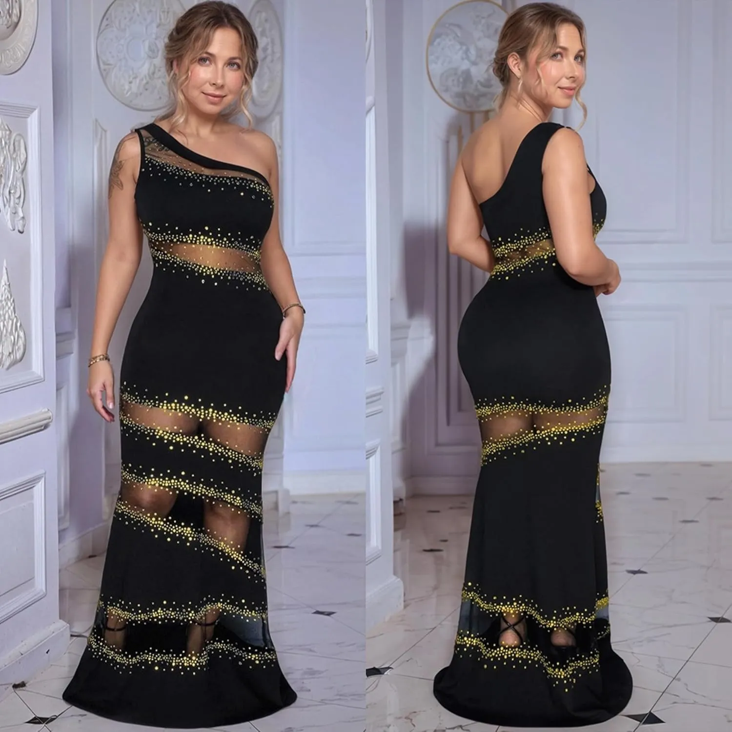 PORRCEY Women's Sexy Elegant Rhinestone Mesh See Through Bodycon Party Club Night Prom Dress