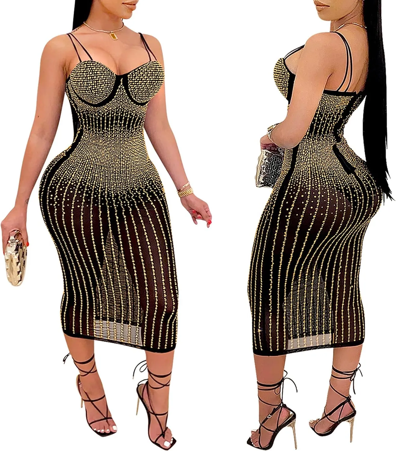 PORRCEY Women's Sexy Elegant Rhinestone Sleeveless Party Club Night Hot Drilling Clubwear Evening Dresses