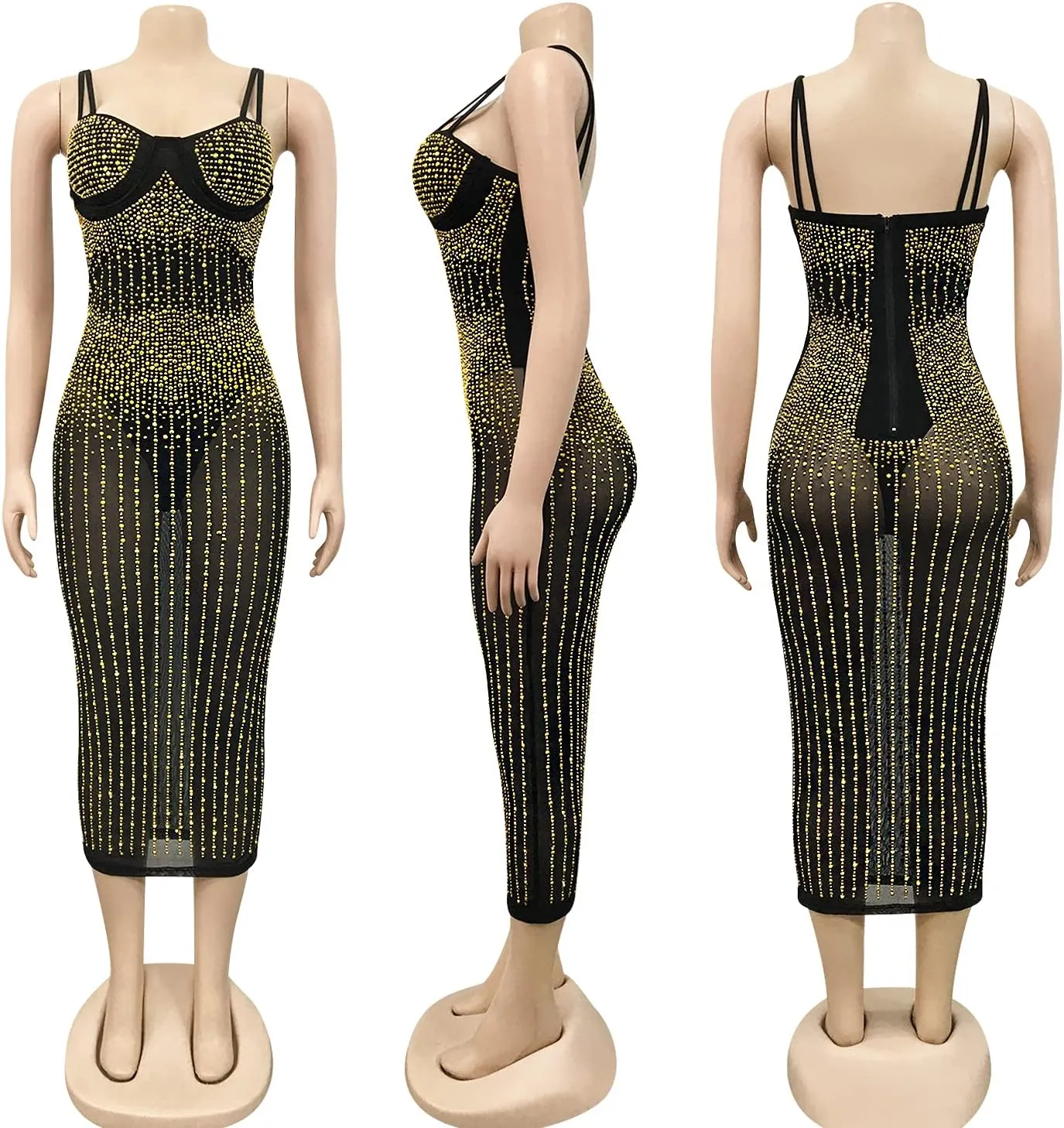 PORRCEY Women's Sexy Elegant Rhinestone Sleeveless Party Club Night Hot Drilling Clubwear Evening Dresses