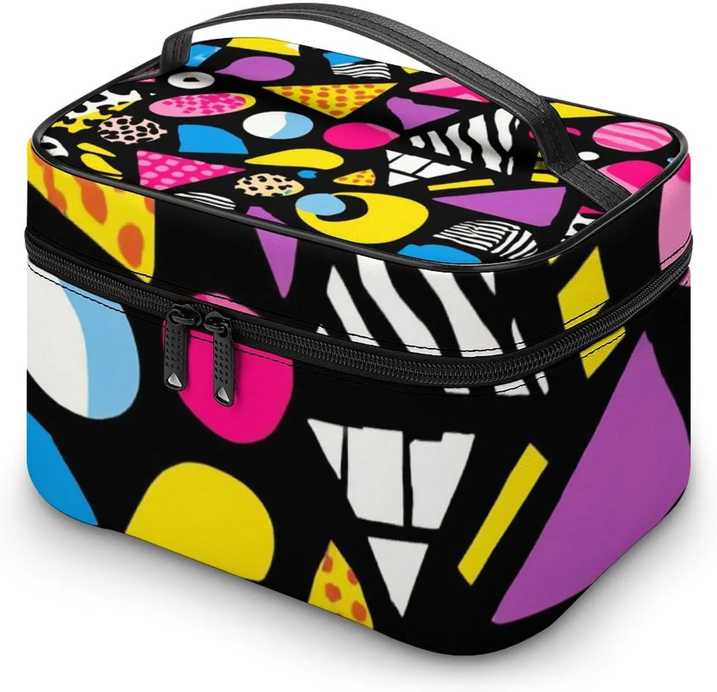 Portable Large Makeup Organizer Case for Women, Black Retro 80s 90s Toiletry Brushes Storage Bag Travel Cosmetic Accessories