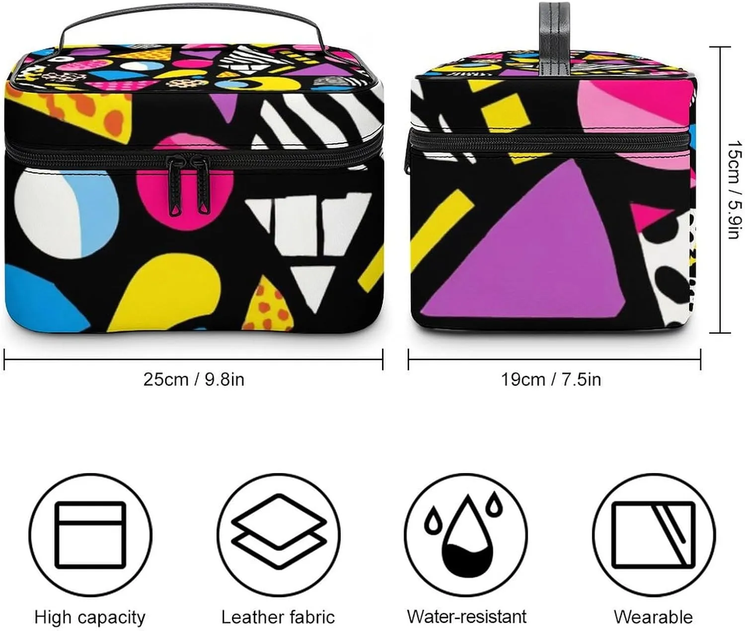Portable Large Makeup Organizer Case for Women, Black Retro 80s 90s Toiletry Brushes Storage Bag Travel Cosmetic Accessories