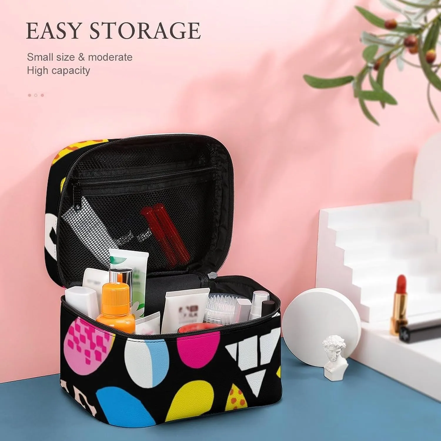 Portable Large Makeup Organizer Case for Women, Black Retro 80s 90s Toiletry Brushes Storage Bag Travel Cosmetic Accessories