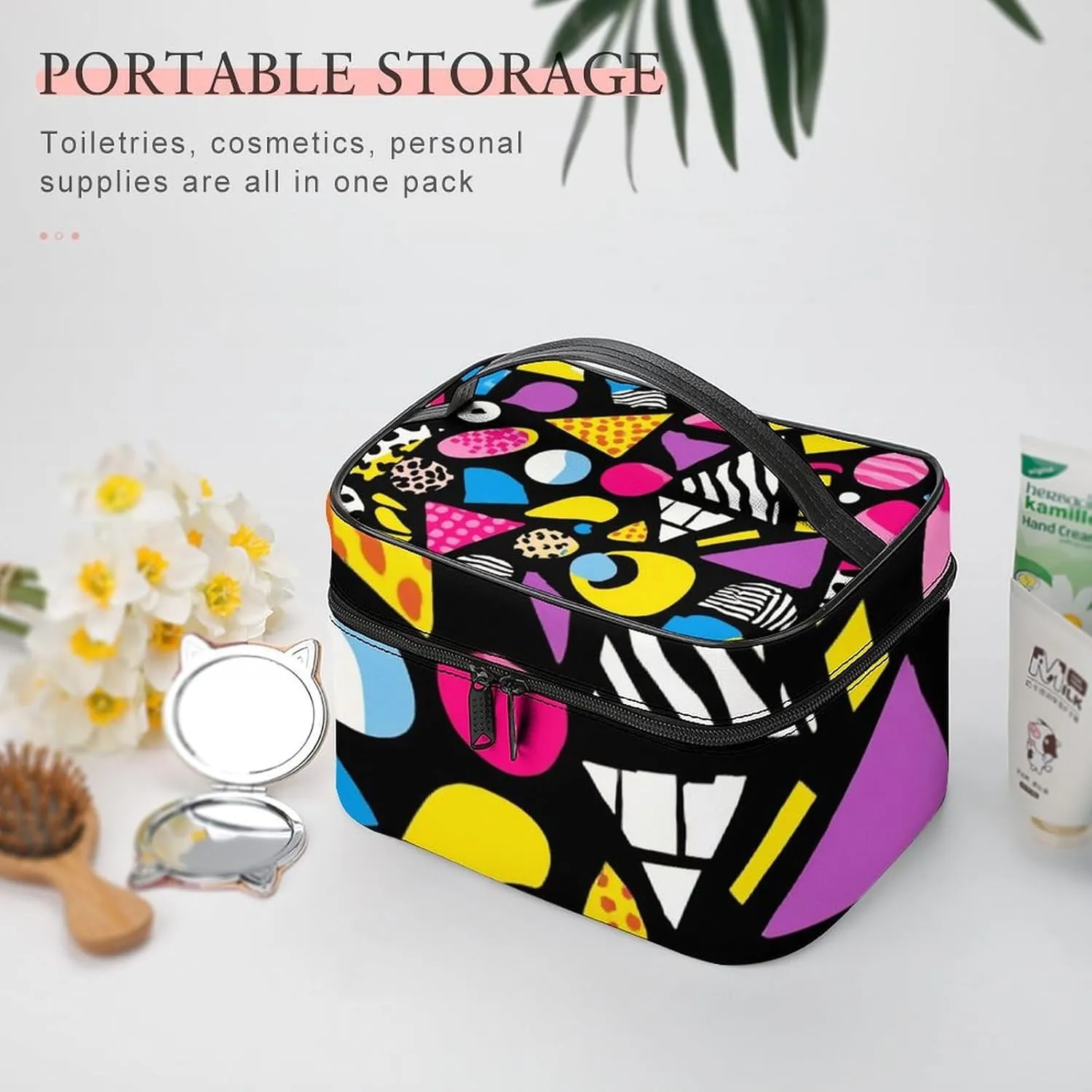 Portable Large Makeup Organizer Case for Women, Black Retro 80s 90s Toiletry Brushes Storage Bag Travel Cosmetic Accessories