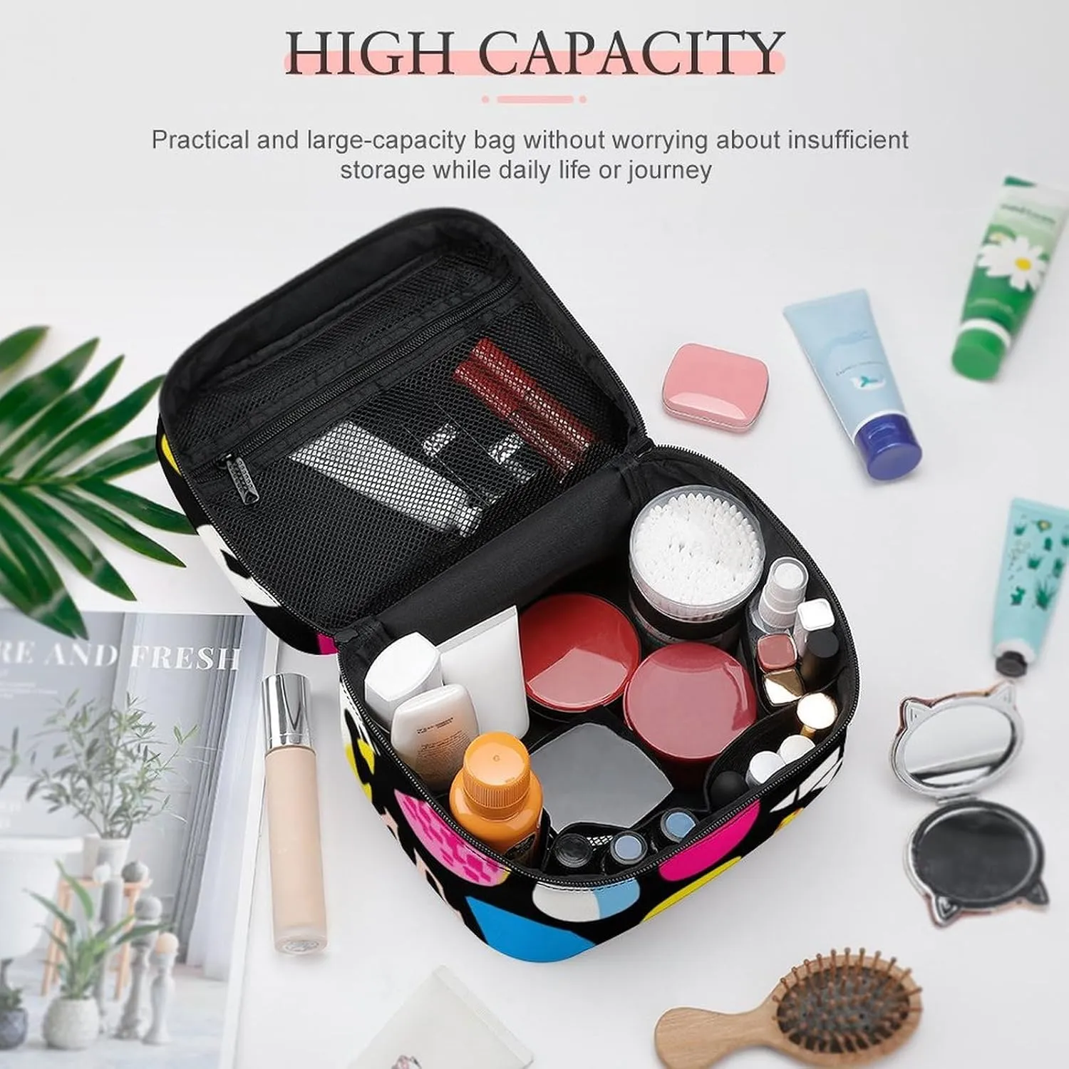 Portable Large Makeup Organizer Case for Women, Black Retro 80s 90s Toiletry Brushes Storage Bag Travel Cosmetic Accessories