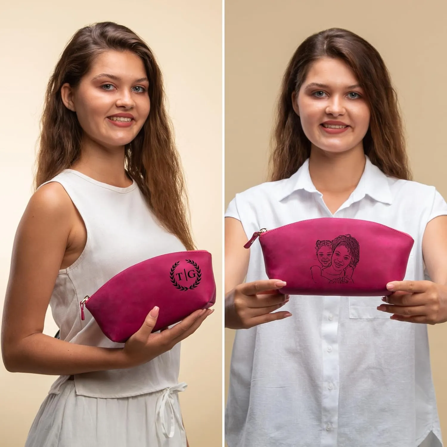 Premium Personalized Genuine Leather Cosmetic Makeup Bag - Wedding Gift for Bridesmaid, Travel Organizer Clutch for Women with Zipper Pouch for Toiletry Essentials (Fuchsia)