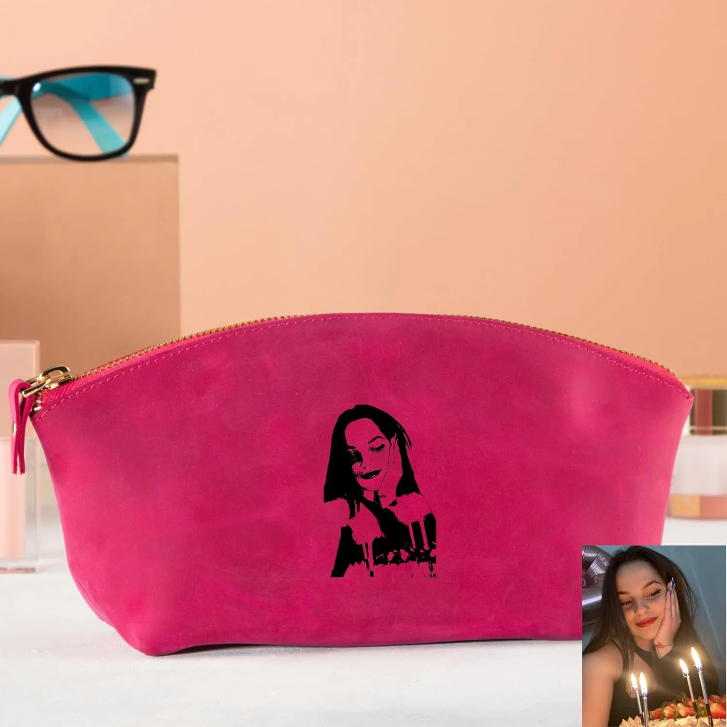 Premium Personalized Genuine Leather Cosmetic Makeup Bag - Wedding Gift for Bridesmaid, Travel Organizer Clutch for Women with Zipper Pouch for Toiletry Essentials (Fuchsia)