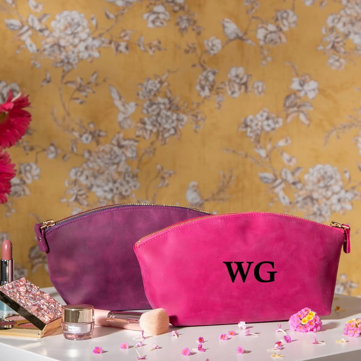 Premium Personalized Genuine Leather Cosmetic Makeup Bag - Wedding Gift for Bridesmaid, Travel Organizer Clutch for Women with Zipper Pouch for Toiletry Essentials (Fuchsia)