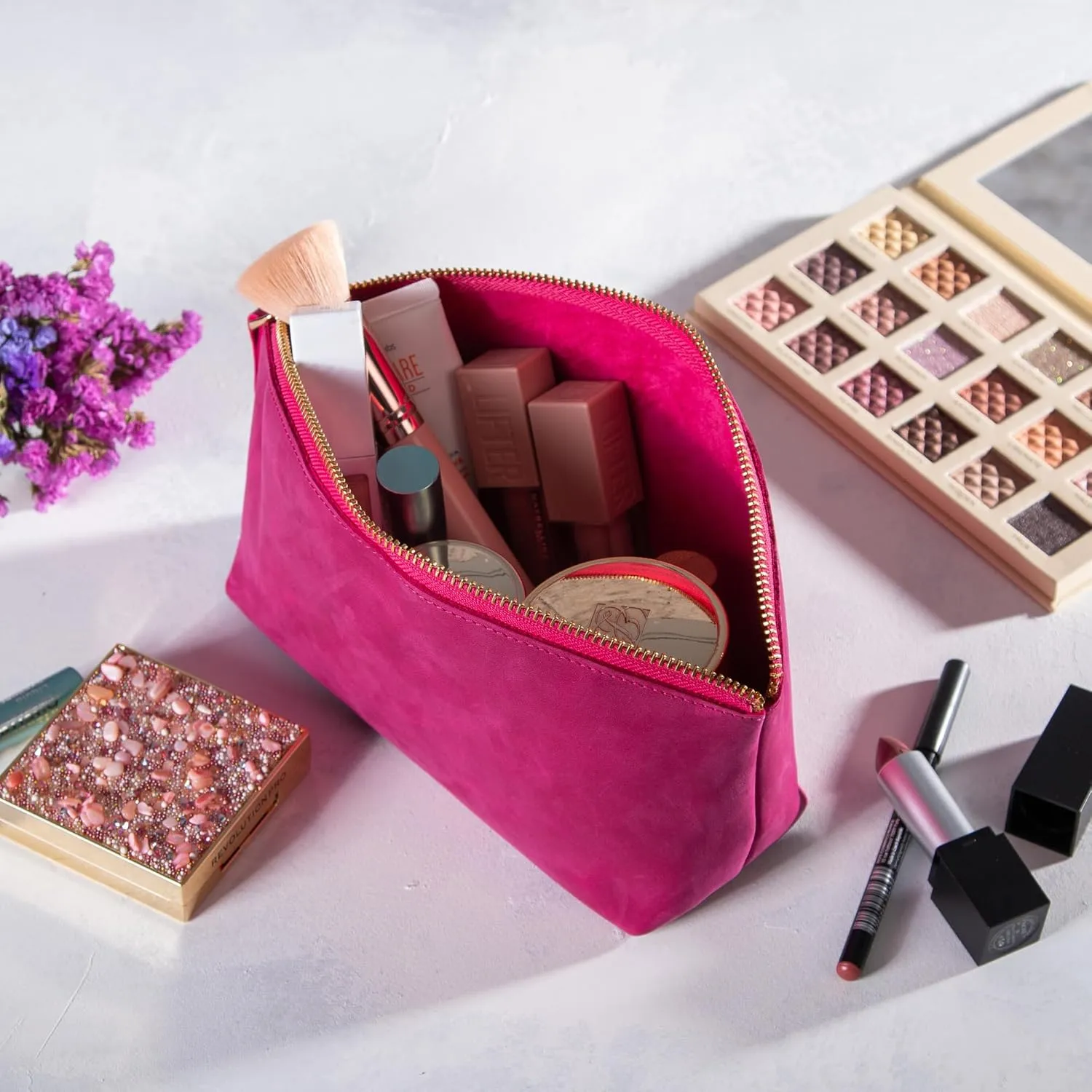 Premium Personalized Genuine Leather Cosmetic Makeup Bag - Wedding Gift for Bridesmaid, Travel Organizer Clutch for Women with Zipper Pouch for Toiletry Essentials (Fuchsia)