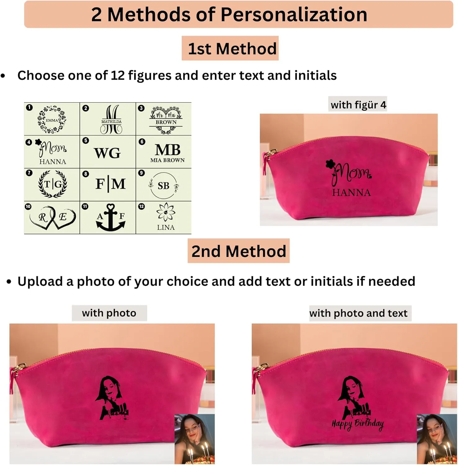 Premium Personalized Genuine Leather Cosmetic Makeup Bag - Wedding Gift for Bridesmaid, Travel Organizer Clutch for Women with Zipper Pouch for Toiletry Essentials (Fuchsia)