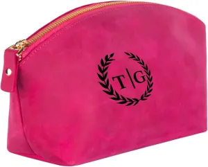 Premium Personalized Genuine Leather Cosmetic Makeup Bag - Wedding Gift for Bridesmaid, Travel Organizer Clutch for Women with Zipper Pouch for Toiletry Essentials (Fuchsia)