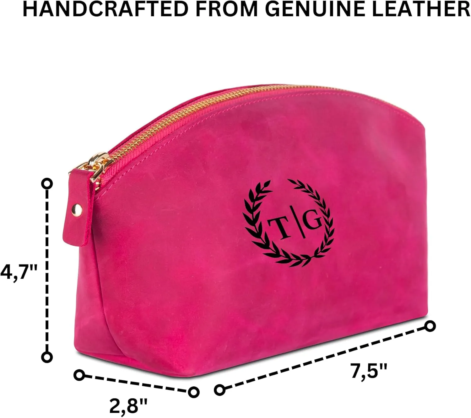 Premium Personalized Genuine Leather Cosmetic Makeup Bag - Wedding Gift for Bridesmaid, Travel Organizer Clutch for Women with Zipper Pouch for Toiletry Essentials (Fuchsia)