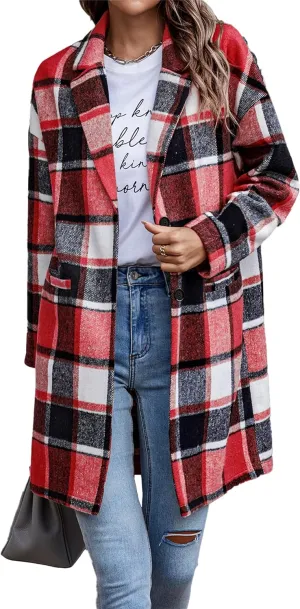 PRETTYGARDEN Women's Plaid Shacket Jacket Trendy Casual Button Wool Blend Winter Tartan Trench Coat with Pockets