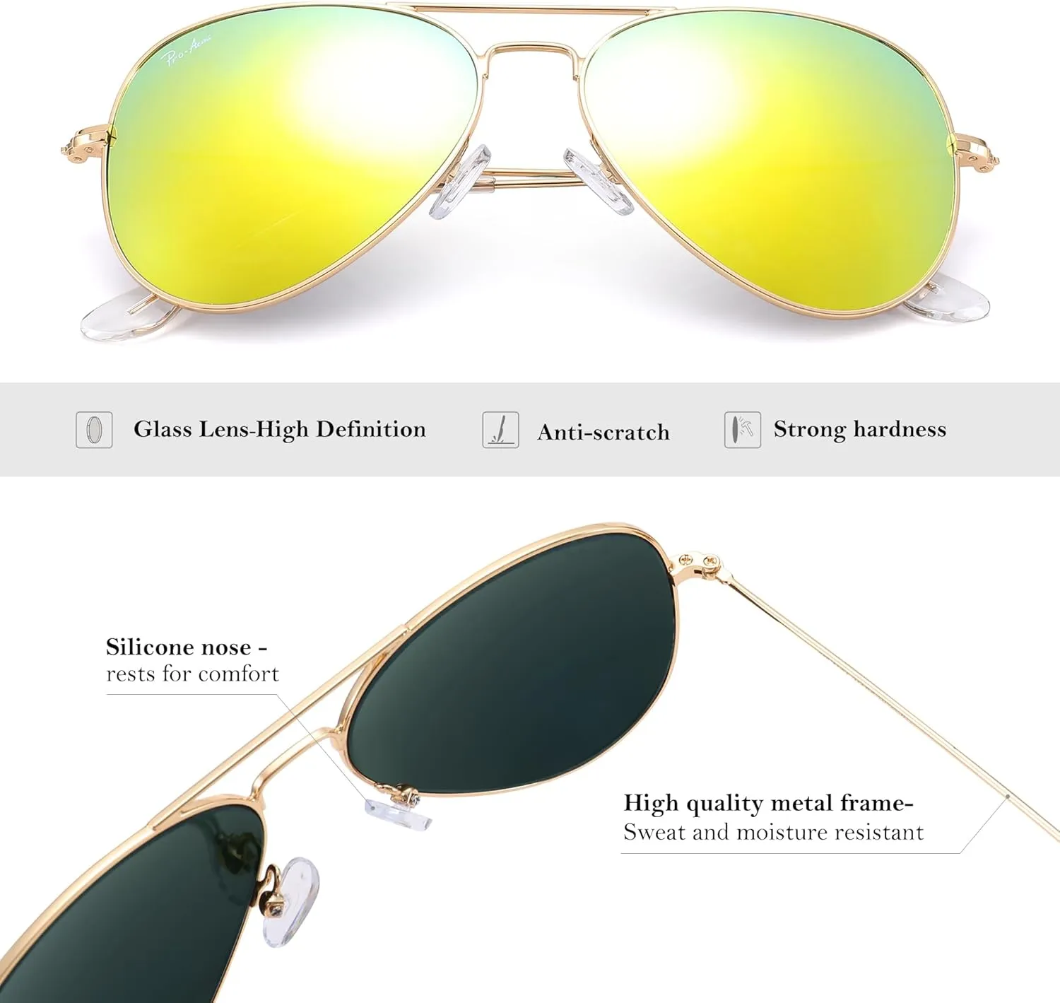 Pro Acme Glass Lenses Aviator Sunglasses for Women, Tinted Mirrored with UV400 Protection Metal Frame, 58mm