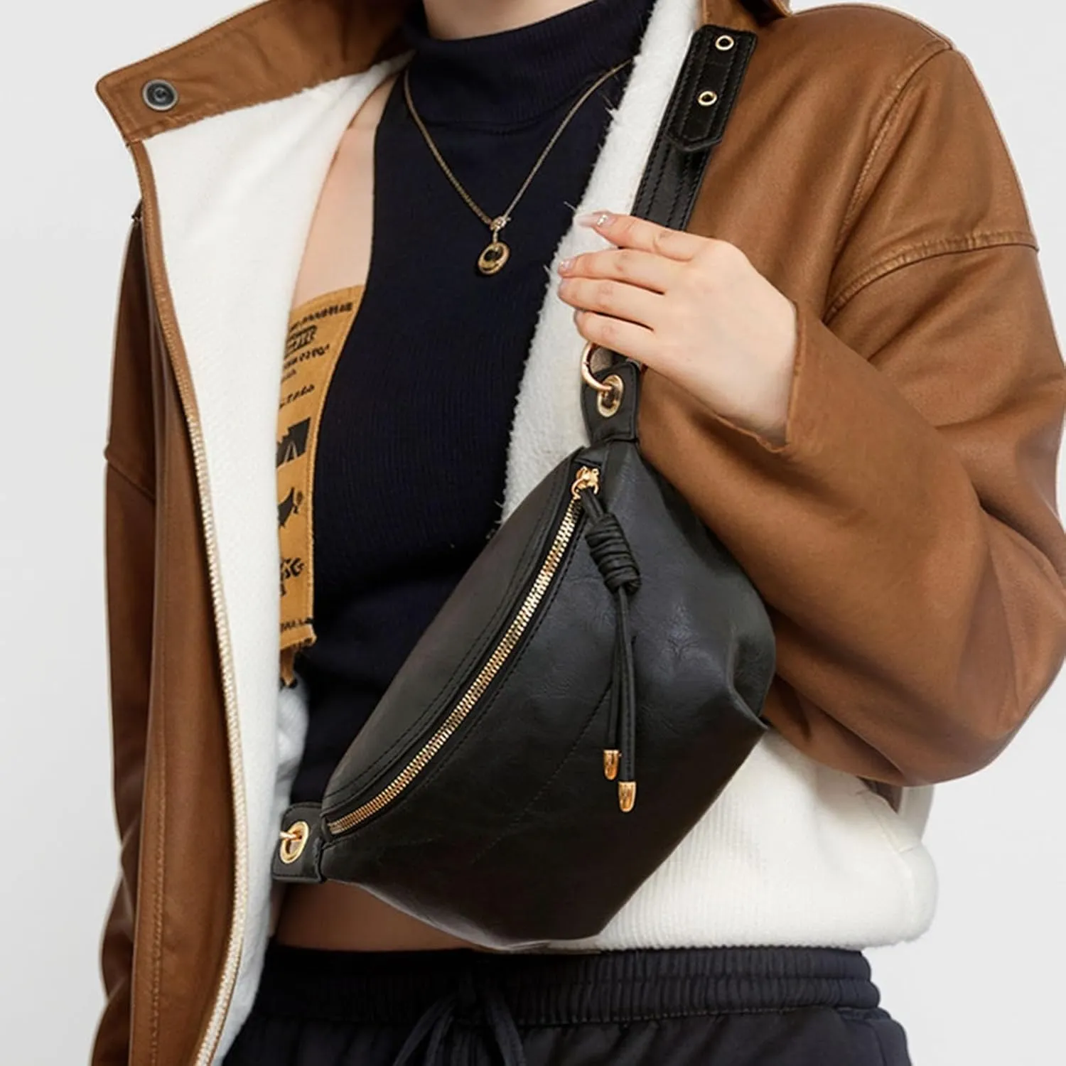 PU Leather Fanny Pack Crossbody Sling Bag for Women - Trendy Belt Bag with Adjustable Strap, Lightweight for Travel Daily Use (Black)