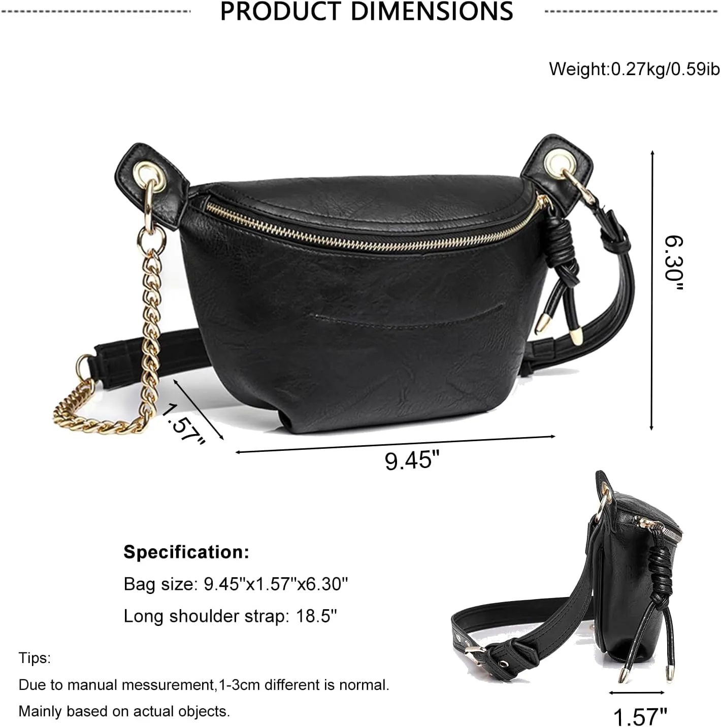 PU Leather Fanny Pack Crossbody Sling Bag for Women - Trendy Belt Bag with Adjustable Strap, Lightweight for Travel Daily Use (Black)