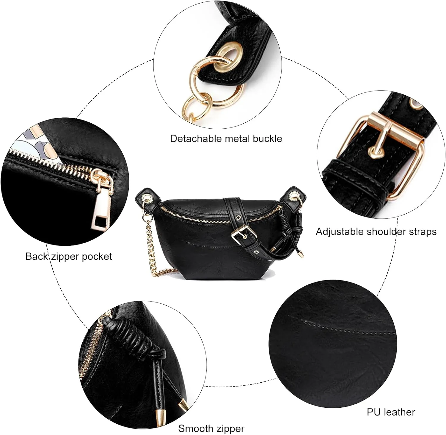 PU Leather Fanny Pack Crossbody Sling Bag for Women - Trendy Belt Bag with Adjustable Strap, Lightweight for Travel Daily Use (Black)