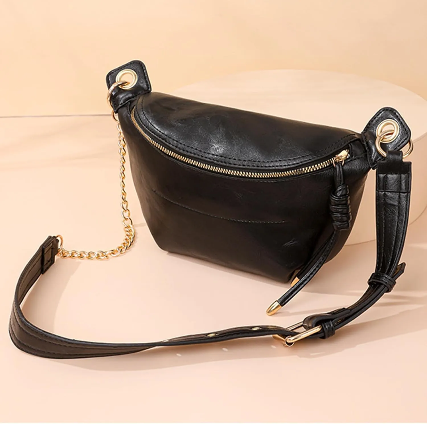 PU Leather Fanny Pack Crossbody Sling Bag for Women - Trendy Belt Bag with Adjustable Strap, Lightweight for Travel Daily Use (Black)