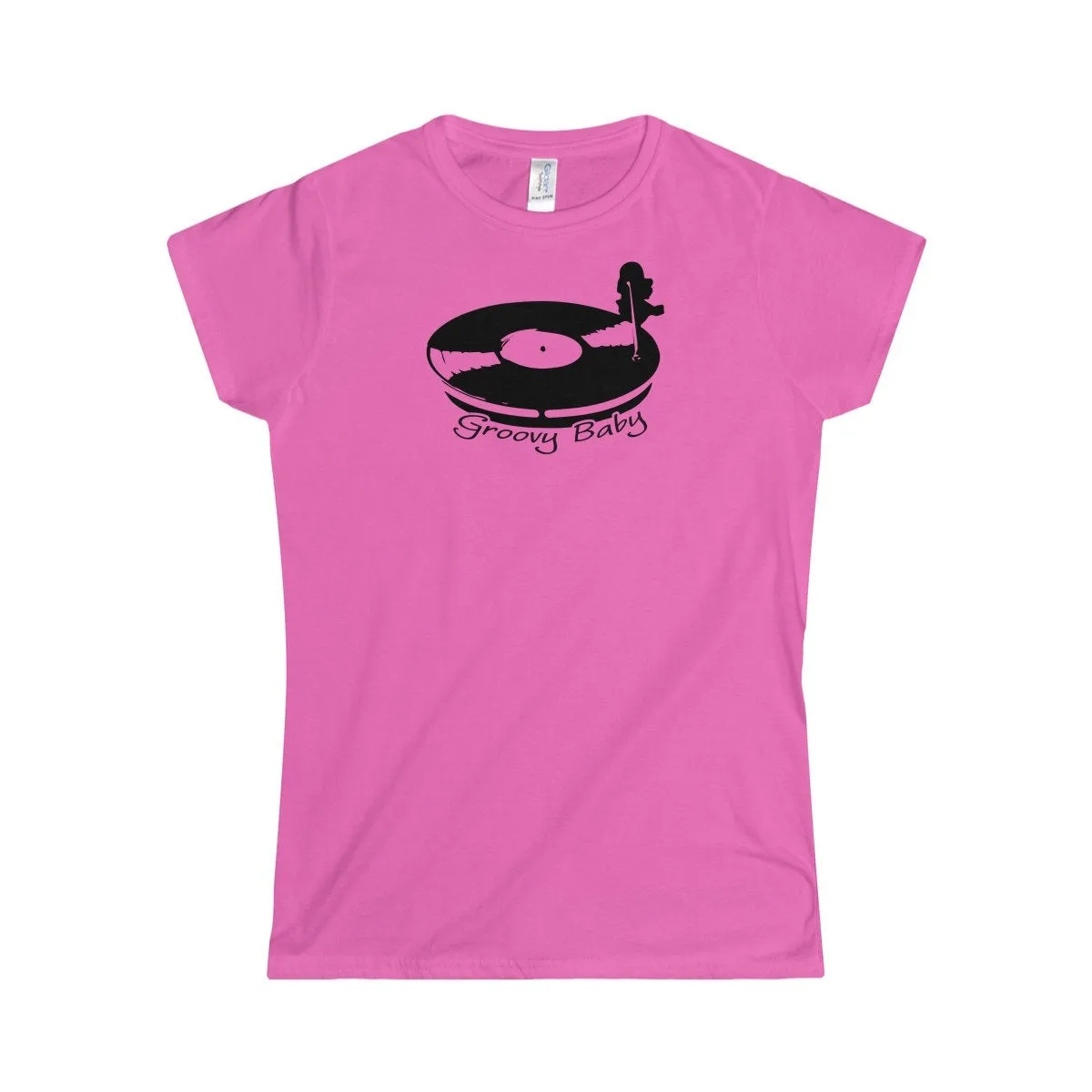 Record Player Turntable Top (Groovy Baby Black) Wax Disc DJ Funky Women's Softstyle Tee