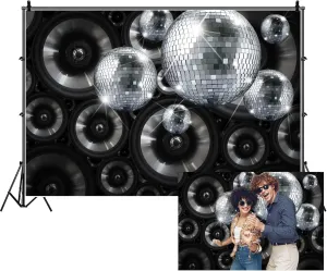 Renaiss 7x5ft Black Silver Discos Party Backdrop Retro Music Speaker Night Club Music Dance Concert Stage Photography Background for 70s 80s 90s Discos Theme Party Decor Photo Studio Props